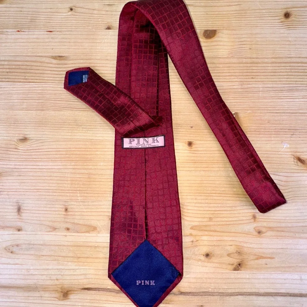 Thomas Pink 100% Silk Red Grid Tie Made‎ in France Luxury Designer Formal